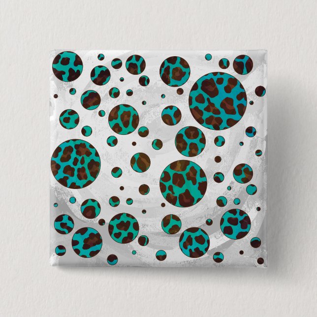 Leopard Brown und Aquamarin PrintPolka Dots Button (Vorderseite)