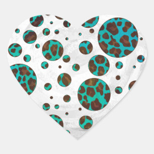 Leopard Brown und Aquamarin PrintPolka Dots Herz-Aufkleber