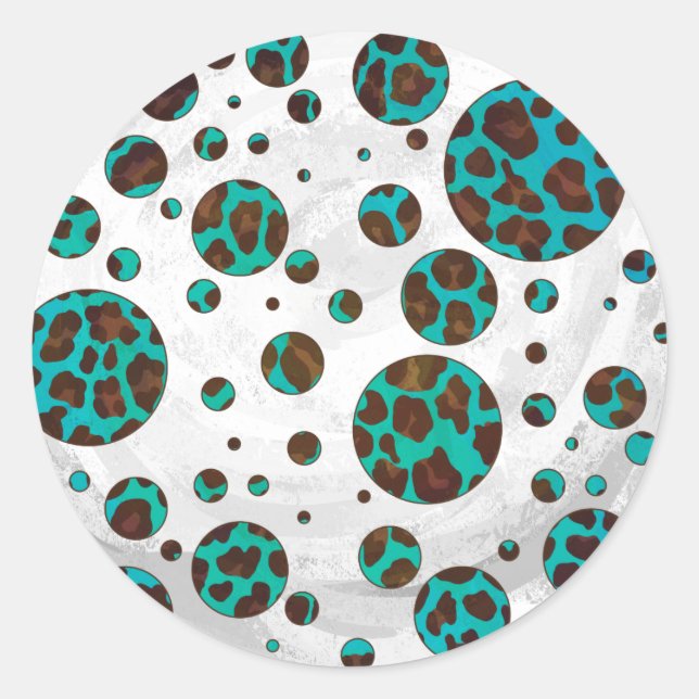 Leopard Brown und Aquamarin PrintPolka Dots Runder Aufkleber (Vorderseite)