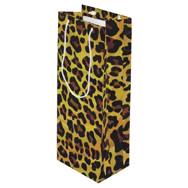 Leopard Brown und Gelb Print Geschenktüte Für Weinflaschen (Vorderseite Schrägansicht)