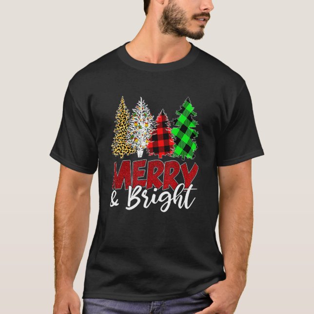 Leopard Buffalo Plaid Merry And Bright Christmas T T-Shirt (Vorderseite)