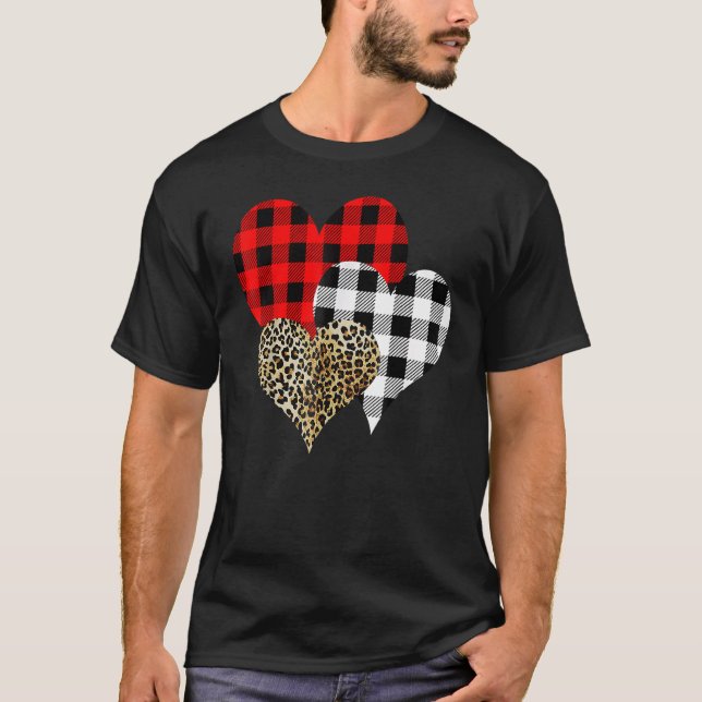 Leopard Buffalo Red Black Plaid Heart Funny Valent T-Shirt (Vorderseite)