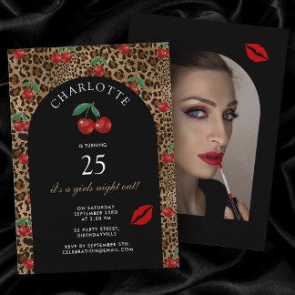 Leopard Cheetah Animal Print Cherry Birthday Photo Einladung