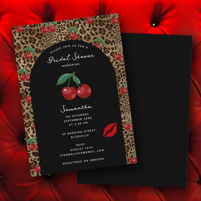 Leopard Cheetah Animal Print Cherry Bridal Shower Einladung (Leopard Cheetah Animal Print Cherry Bridal Shower Invitation)