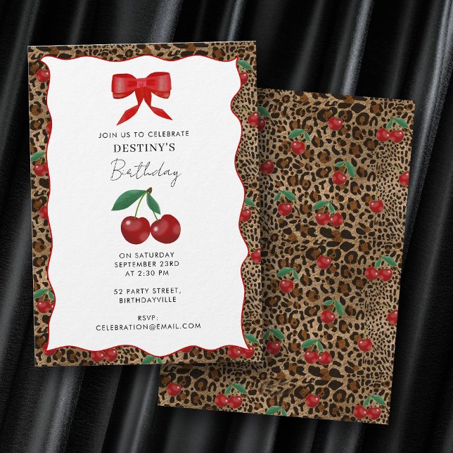 Leopard Cheetah Animal Print Cherry Girl Birthday Einladung (Leopard Cheetah Animal Print Cherry Girl Birthday Invitation)
