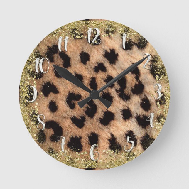 Leopard Cheetah Animal Print Gold Glitzer Modern Runde Wanduhr (Vorderseite)