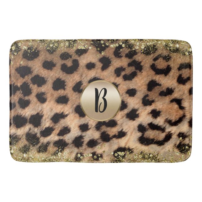 Leopard Cheetah Animal Print Gold Glitzer Monogram Badematte (Vorderseite)
