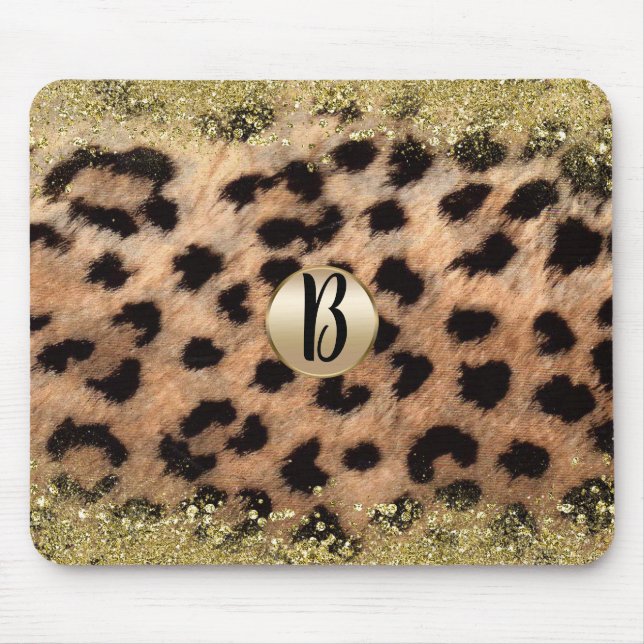 Leopard Cheetah Animal Print Gold Glitzer Monogram Mousepad (Vorne)