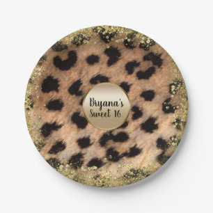 Leopard Cheetah Animal Print Gold Glitzer Monogram Pappteller