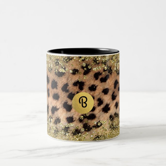 Leopard Cheetah Animal Print Gold Glitzer Monogram Zweifarbige Tasse (Mittel)