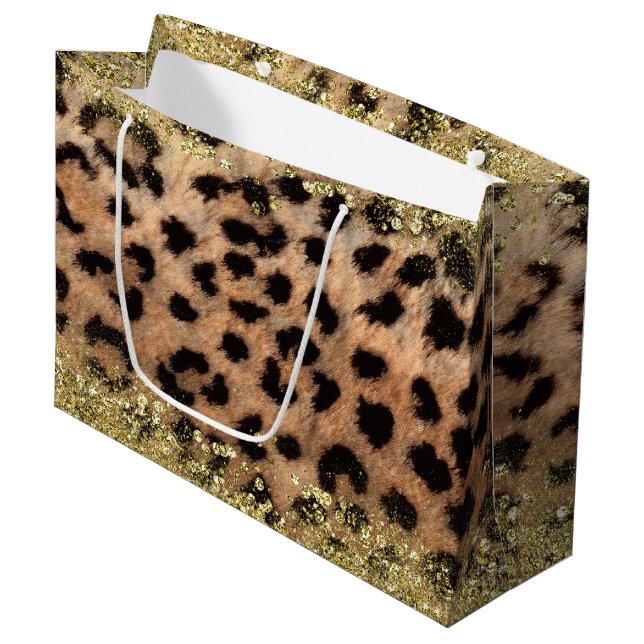 Leopard Cheetah Animal Print Gold Glitzer Trendy Große Geschenktüte (Vorderseite Schrägansicht)