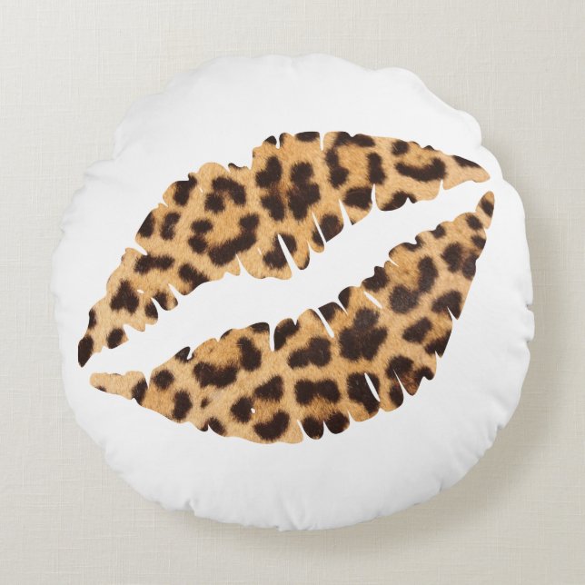 Leopard Cheetah Animal Print Mouth Lips Pillen Rundes Kissen (Vorderseite)