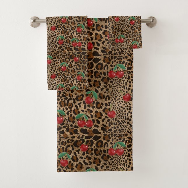 Leopard Cheetah Animal Print Red Cherry Badhandtuch Set (Insitu)