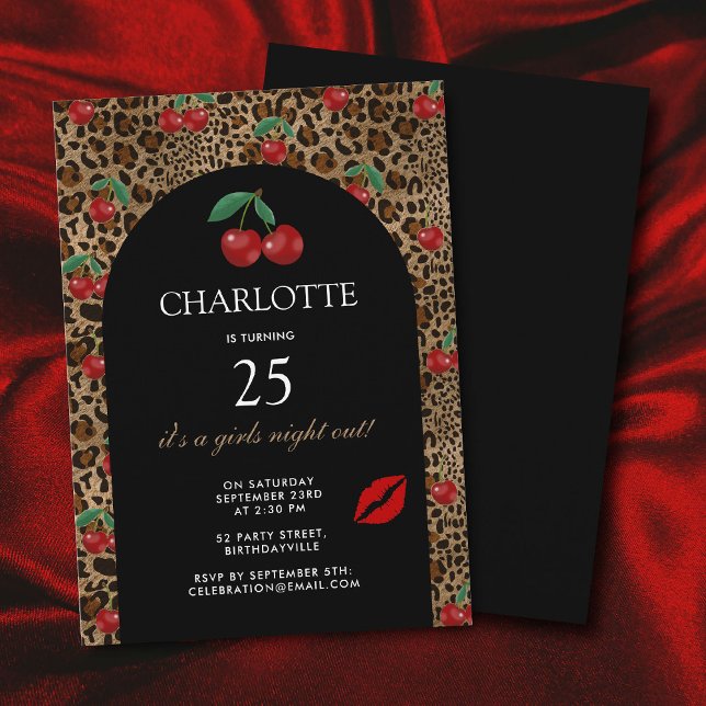 Leopard Cheetah Animal Print Red Cherry Birthday Einladung (Leopard Cheetah Animal Print Red Cherry Birthday Invitation)