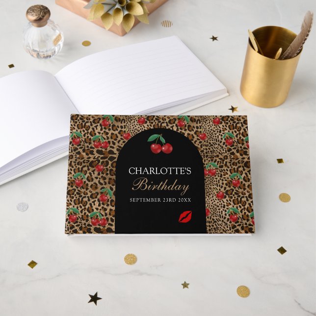 Leopard Cheetah Animal Print Red Cherry Pattern Gästebuch (Vorderseite Offen)