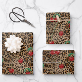 Leopard Cheetah Animal Print Red Cherry Pattern Geschenkpapier Set