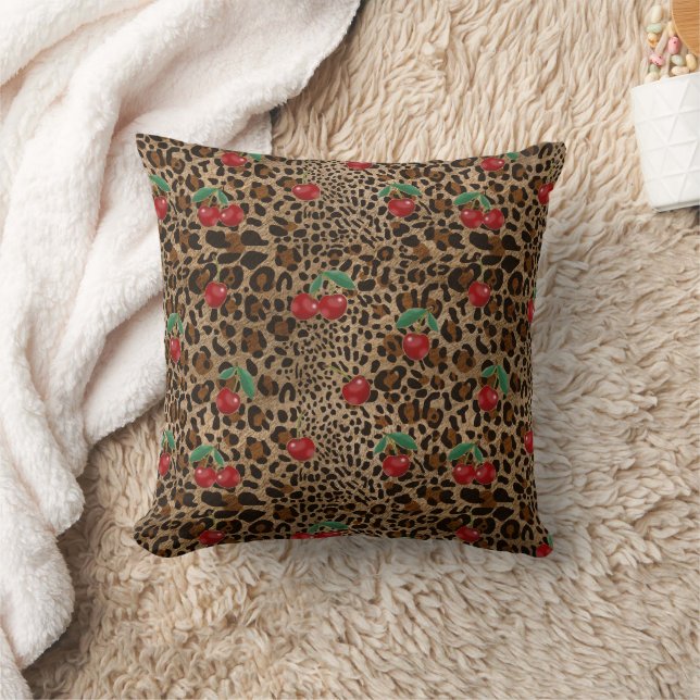 Leopard Cheetah Animal Print Red Cherry Pattern Kissen (Decke)