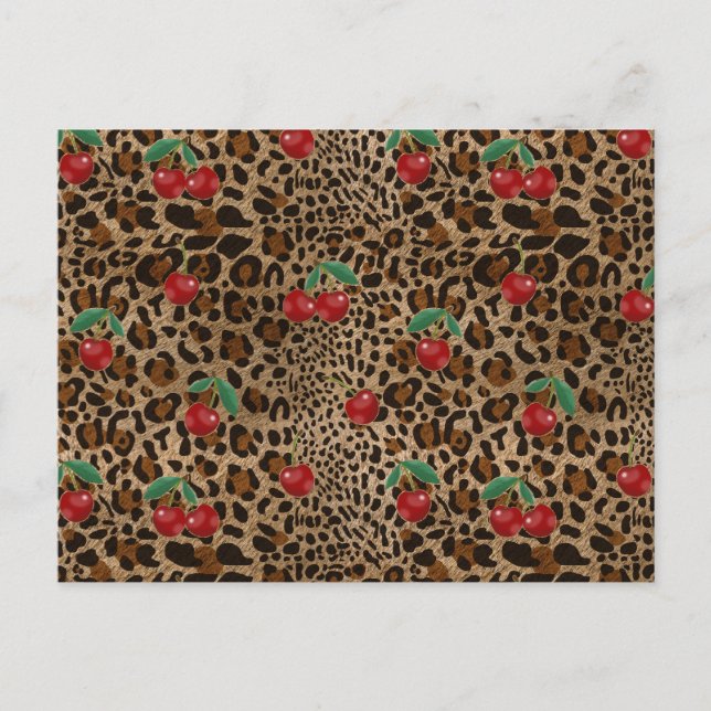 Leopard Cheetah Animal Print Red Cherry Pattern Postkarte (Vorderseite)
