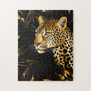 Leopard Cheetah Black Gold Jungle Safari Blätter Puzzle