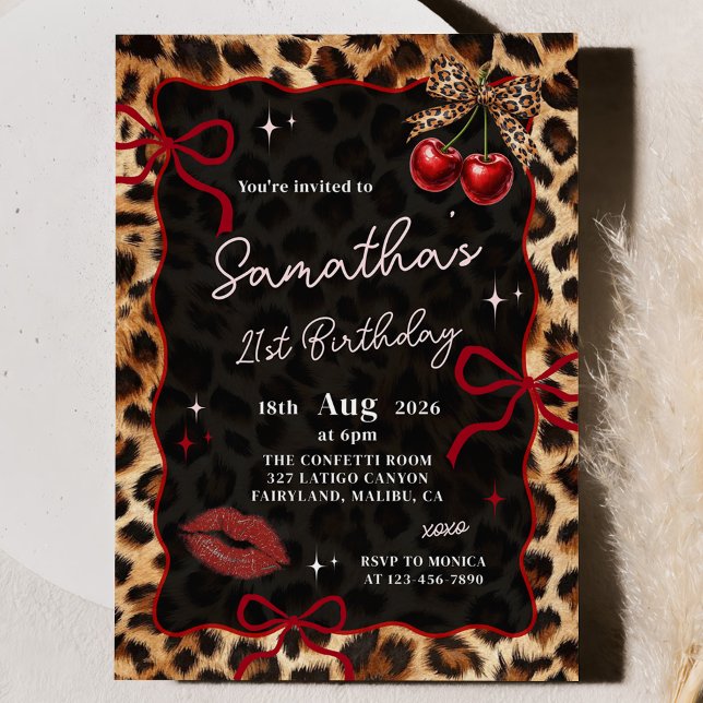 Leopard Cheetah Cherries Birthday Invitation Einladung (Von Creator hochgeladen)