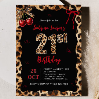 Leopard Cheetah Cherry 21. Geburtstagseinladung Einladung