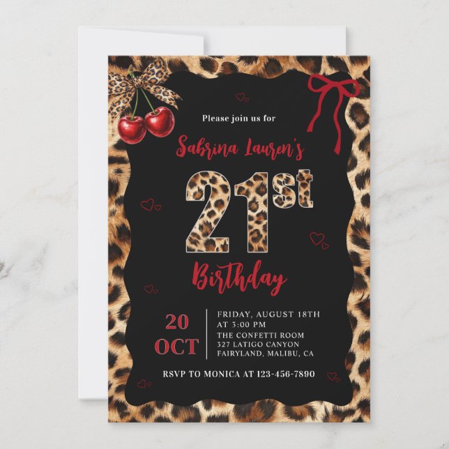 Leopard Cheetah Cherry 21st Birthday Invitation Einladung (Vorderseite)
