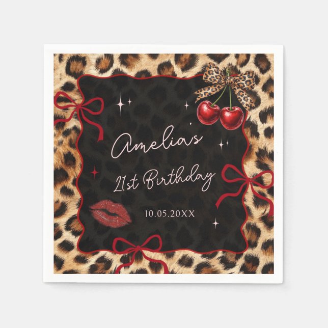 Leopard Cheetah Cherry Birthday Party Napkins Serviette (Vorderseite)