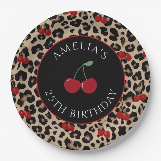 Leopard Cheetah Cherry Birthday Party Paper Plates Pappteller (Vorderseite)