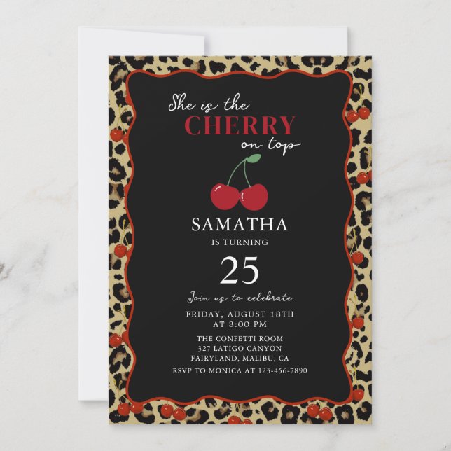 Leopard Cheetah Cherry On Top Birthday Invitation Einladung (Vorderseite)