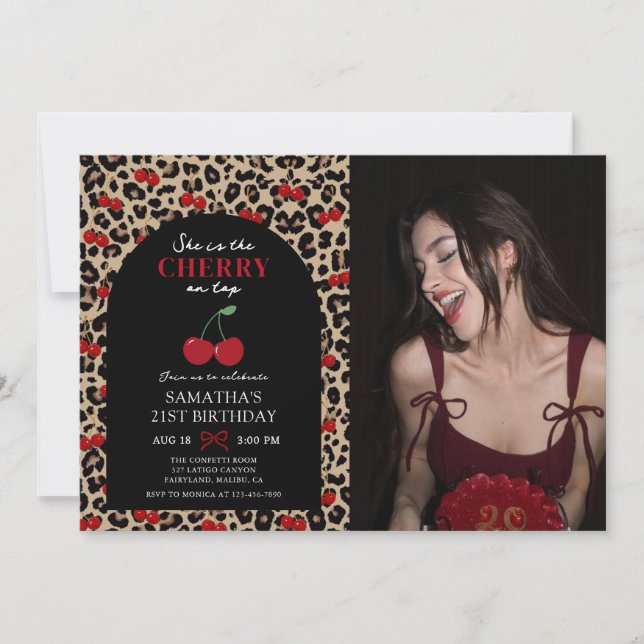 Leopard Cheetah Cherry On Top Birthday Photo Einladung (Vorderseite)