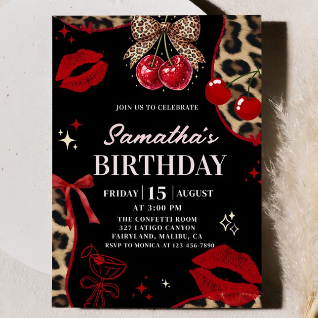 Leopard Cheetah Coquette Cherry Birthday Einladung (Von Creator hochgeladen)