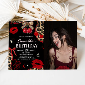 Leopard Cheetah Coquette Cherry Birthday Photo Einladung