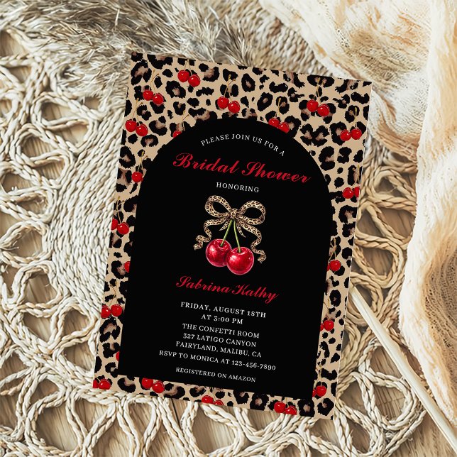 Leopard Cheetah Coquette Cherry Bridal Shower Einladung (Von Creator hochgeladen)