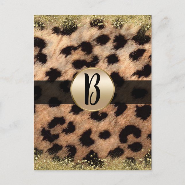 Leopard Cheetah Gold Glitzer Monogram Flyer Mailer Ankündigungspostkarte (Vorderseite)
