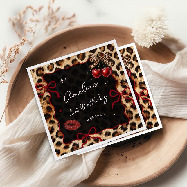 Leopard Cheetah Kirschroter Geburtstagsparty Servi Serviette (Von Creator hochgeladen)
