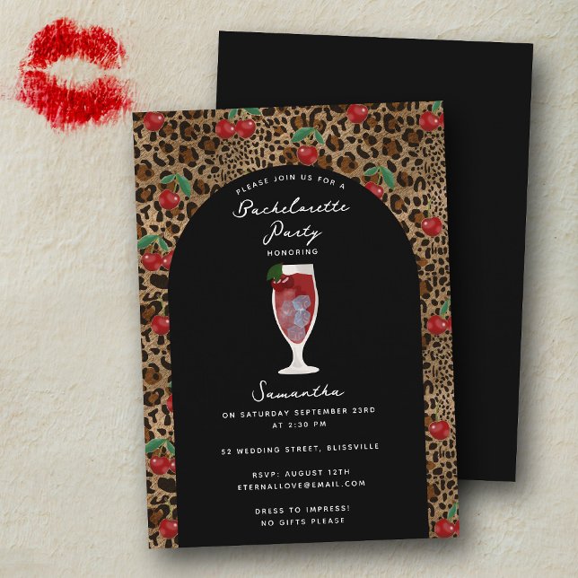 Leopard Cheetah Print Cherry Cocktail Bachelorette Einladung (Leopard Cheetah Print Cherry Cocktail Bachelorette Invitation)