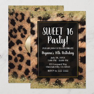 Leopard Cheetah Print Gold Glitzer Geburtstagspart Einladung