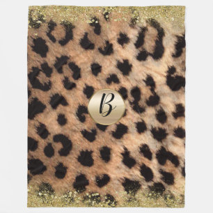 Leopard Cheetah Print Gold Glitzer Glam Monogram Fleecedecke