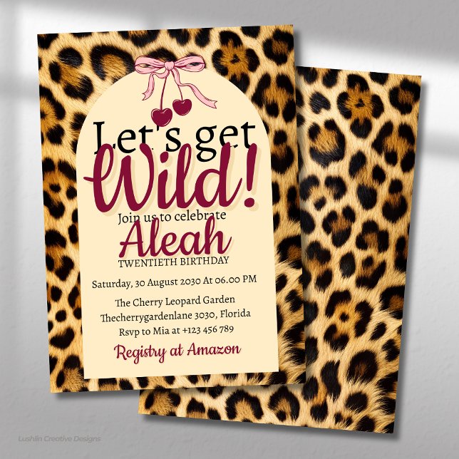 Leopard Cherry Pink Schleife Geburtstag Cute & Gla Einladung (Von Creator hochgeladen)