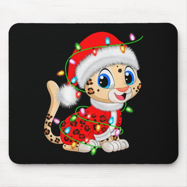 Leopard Christmas Lights Santa Costume Cute Animal Mousepad (Vorne)