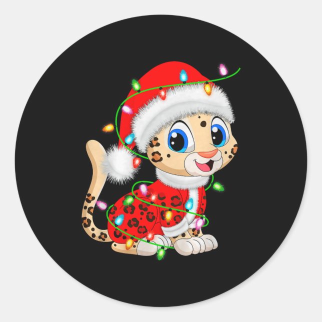 Leopard Christmas Lights Santa Costume Cute Animal Runder Aufkleber (Vorderseite)