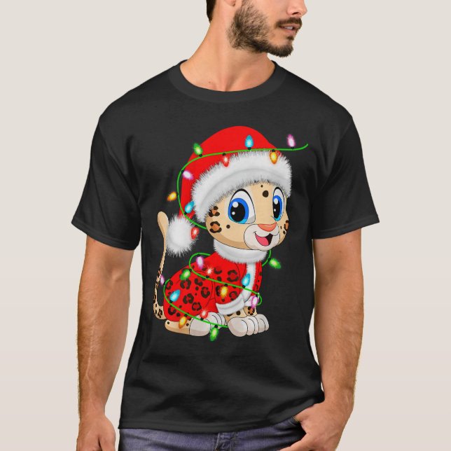Leopard Christmas Lights Santa Costume Cute Animal T-Shirt (Vorderseite)