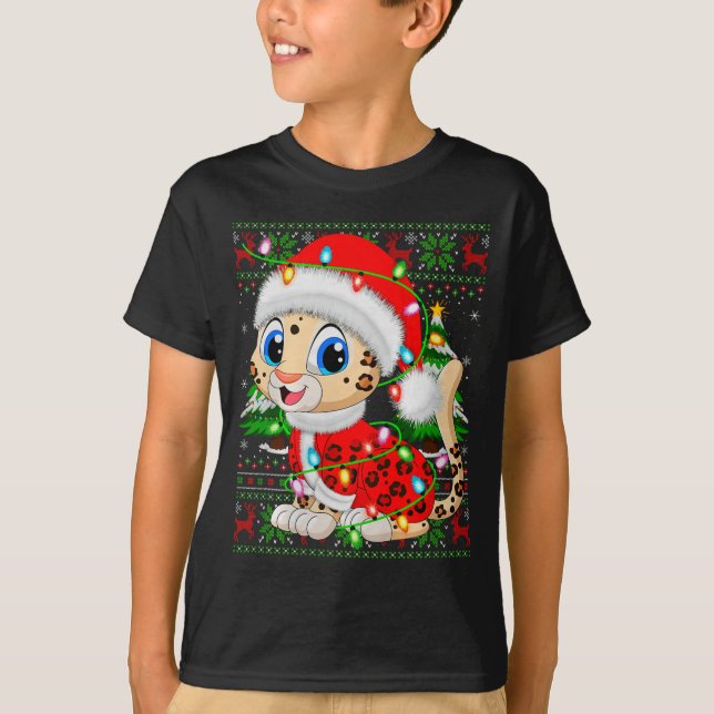 Leopard Christmas Lights Santa Costume Ugly Xmas S T-Shirt (Vorderseite)