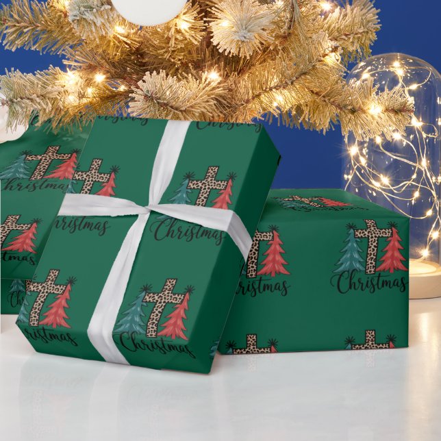 Leopard Cross Weihnachtsbäume Christlich Geschenkpapier (Feiertage)