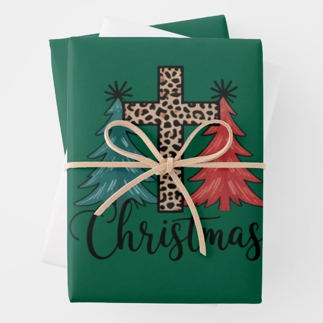 Leopard Cross Weihnachtsbäume Christlich Geschenkpapier Set (Beispiel)