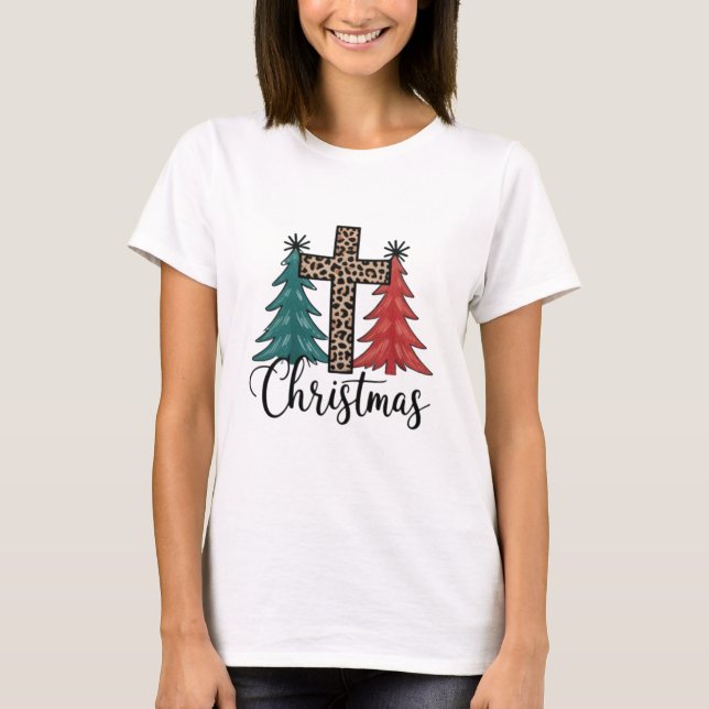 Leopard Cross Weihnachtsbäume Christlich T-Shirt (Vorderseite)