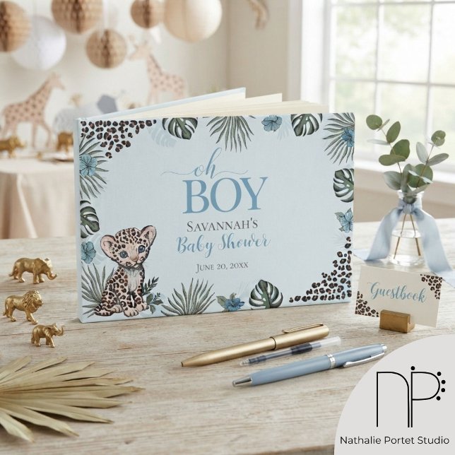 Leopard Cub Blaues Babyshower Gästebuch (hand-drawn baby boy leopard, jungle leaves, blue florals, & leopard print for a safari boy keepsake)