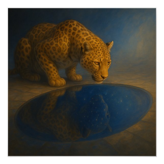 Leopard Drinking from a Starry Pool – GeoWild Art Poster (Vorderseite)