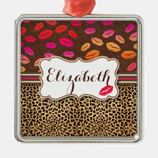 Leopard-Druck-Lippenküsse personalisiert Ornament Aus Metall (Vorne)
