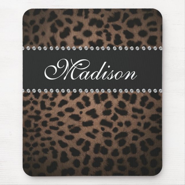 Leopard-Druck-Monogramm-diamante de imitación Mousepad (Vorne)